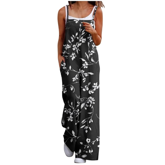 UPPADA Womens Causal Sleeveless Jumpsuits Summer Boho Wide Leg Floral Rompers Overalls with Pockets Long Length Jumpsuit for Tall Women Black,S