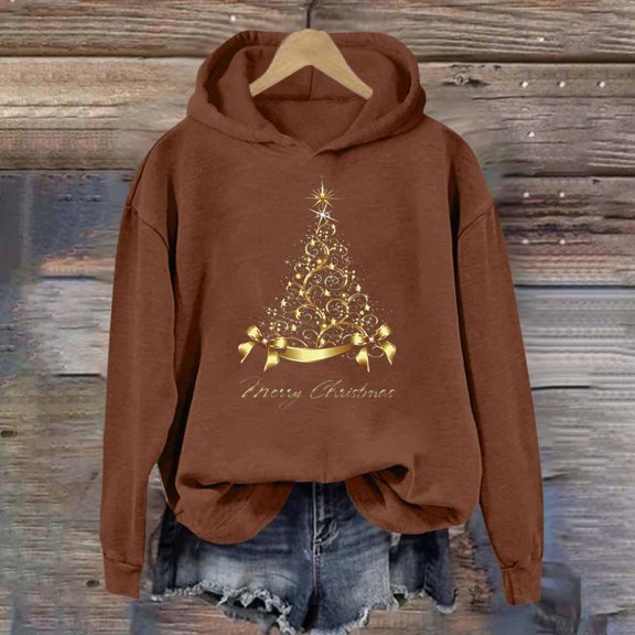 UPPADA Womens Christmas Graphic Hoodies Cute Funny Xmas Tree Print Sweatshirt Casual Comfy Loose Pullover Tops Women Hoodie Graphic Brown,XXL