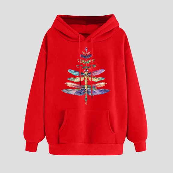 UPPADA Womens Christmas Hooded Sweatshirt Xmas Tree Long Sleeve Shirts Vacation Graphic Casual Long Sleeve Pullover Tops Blouses Hoodie Women Red,XXL