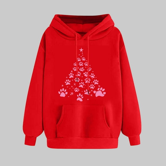 UPPADA Womens Christmas Hooded Sweatshirt Xmas Tree Long Sleeve Shirts Vacation Graphic Casual Long Sleeve Pullover Tops Blouses Hoodies for Women Red,XXL
