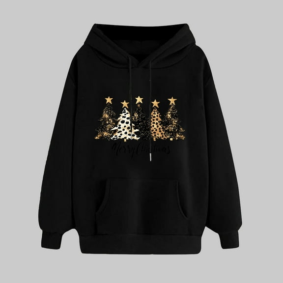 UPPADA Womens Christmas Hooded Sweatshirt Xmas Tree Long Sleeve Shirts Vacation Graphic Casual Long Sleeve Pullover Tops Blouses Hoodies Y2k Women Black,XXL