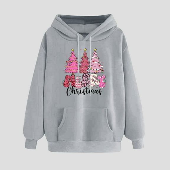 UPPADA Womens Christmas Hooded Sweatshirt Xmas Tree Long Sleeve Shirts Vacation Graphic Casual Long Sleeve Pullover Tops Blouses Womens Hoodie Pullover Gray,S