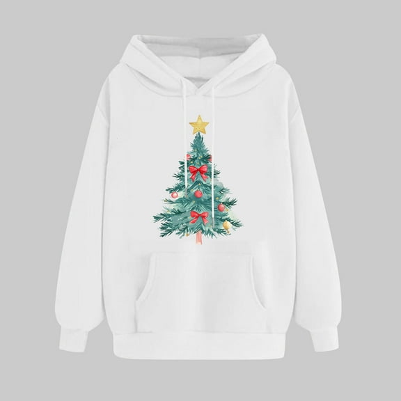 UPPADA Womens Christmas Hooded Sweatshirt Xmas Tree Long Sleeve Shirts Vacation Graphic Casual Long Sleeve Pullover Tops Blouses Womens Hoodies Pullover Loose Fit White,M
