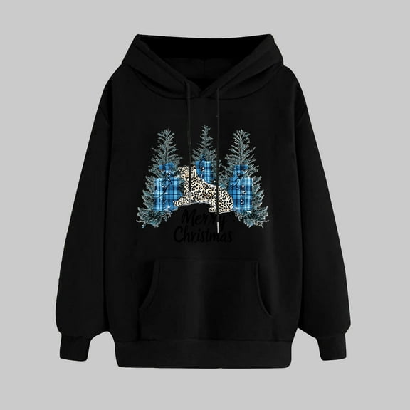 UPPADA Womens Christmas Hooded Sweatshirt Xmas Tree Long Sleeve Shirts Vacation Graphic Casual Long Sleeve Pullover Tops Blouses Womens Pullover Hoodies Black,S