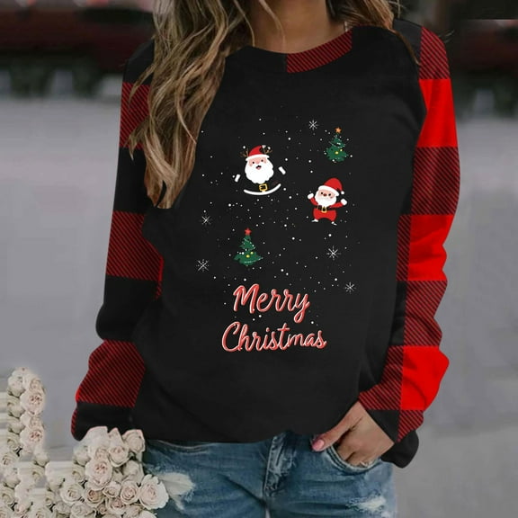 UPPADA Womens Christmas Shirts Long Sleeve Crew Neck Pullover Tops Funny Cute Xmas Letter Printed Tree Graphic Tee Winter Family Xmas Tops camisas para mujer casuales y elegantes Black,XL