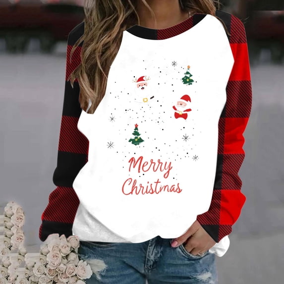 UPPADA Womens Christmas Shirts Long Sleeve Crew Neck Pullover Tops Funny Cute Xmas Letter Printed Tree Graphic Tee Winter Family Xmas Tops fall savings White,M