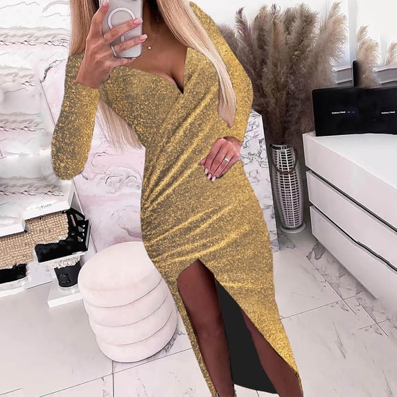 UPPADA Womens Cocktail Dress Long Sleeve Wedding Guest Dress Side Slit Cute Gown Formal Swing Dress High Waist Party Prom Gown Cocktail Dress