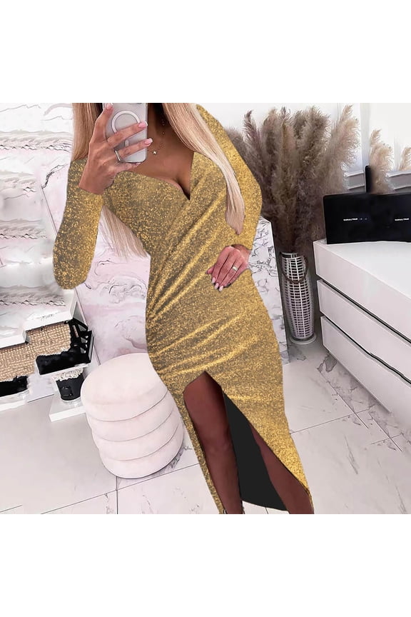 Womens Cocktail Dress Long Sleeve Wedding Guest Dress Side Slit Cute Gown Formal Swing Dress High Waist Party Prom Gown Cocktail Dress Up To 65% off