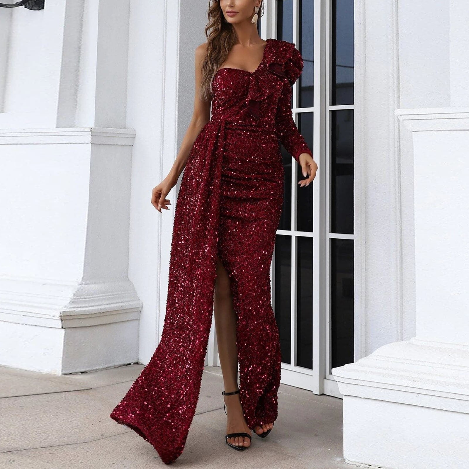 womens long cocktail dress UPPADA Womens Cocktail Dress Long Sleeve Wedding Guest Dress Side Slit Cute  Gown Formal Swing Dress High Waist Party Prom Gown Cocktail Dress Winter  Clearance