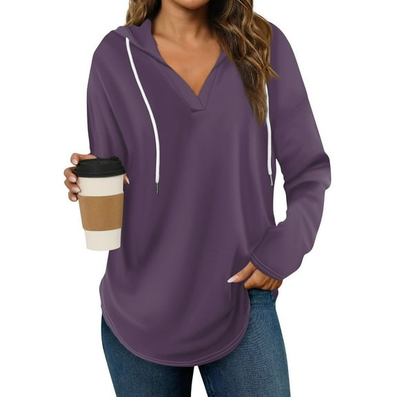 UPPADA Womens Comfy Hoodies V Neck Drawstring Hoodies Fall Dressy Solid Pullover Tops Loose Fit Soft Blouses Graphic Hoodies for Women Y2k Purple,M