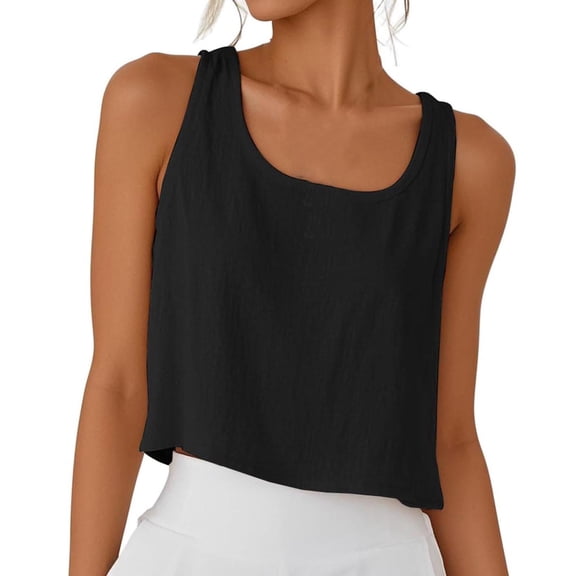 UPPADA Womens Cotton Linen Crop Tank Tops Loose Flowy Comfy Tunics for Spring Summer Sleeveless Crewneck Tank Tops,Tank Top for Women Loose Fit Black,S
