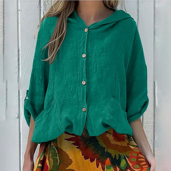 UPPADA Womens Cotton Linen Hoodie Tops Button Down Blouses Casual Lightweight Cute Hoodies Fashion Hooded Long Sleeve Shirts Hoodies for Women Trendy Green,L