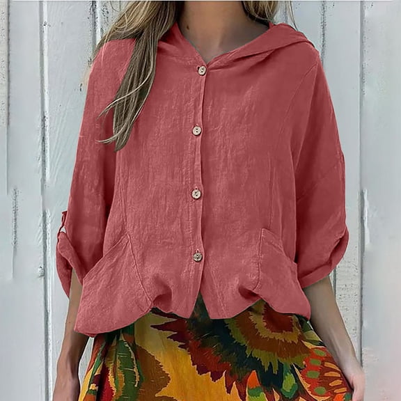 UPPADA Womens Cotton Linen Hoodie Tops Button Down Blouses Casual Lightweight Cute Hoodies Fashion Hooded Long Sleeve Shirts Women Hoodies Pullover Lightweight Hot Pink,XXL