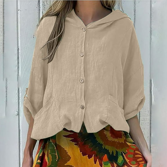 UPPADA Womens Cotton Linen Hoodie Tops Button Down Blouses Casual Lightweight Cute Hoodies Fashion Hooded Long Sleeve Shirts Womens Hoodies Graphic Khaki,XL