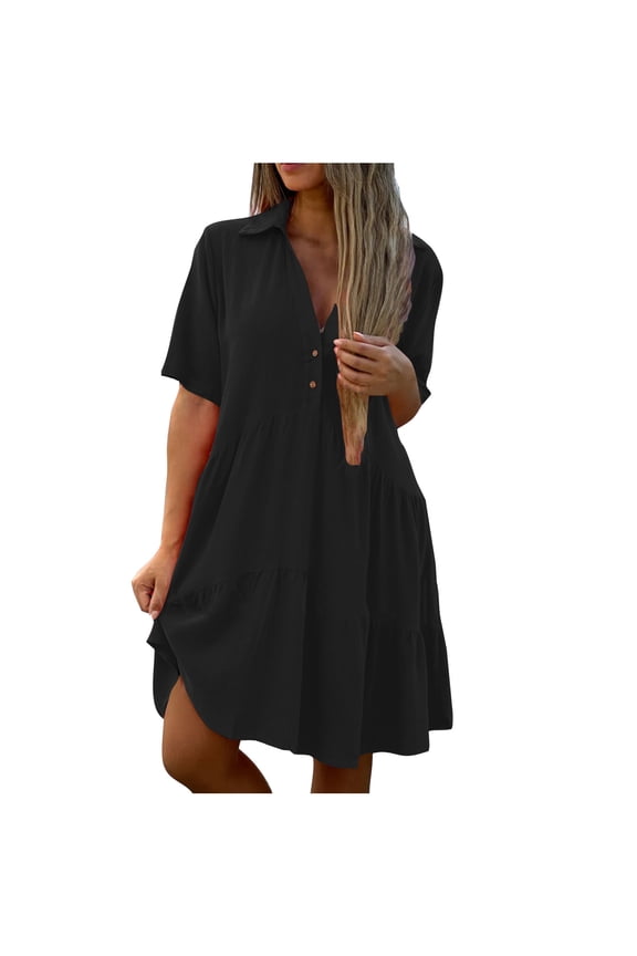 Womens Cotton Linen Summer Dress Collar Tiered Midi Dresses Button Down Casual Pleated Flowy Dress Loose Fit Aline Dress,Black Dress XL