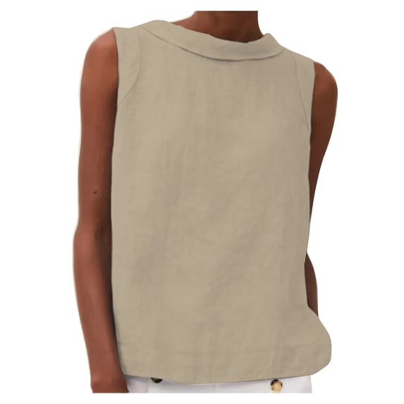 UPPADA Womens Cotton Linen Tank Tops Crewneck Loose Fit Sleeveless Blouses Solid Color Beach Vacation Outfits Summer Tank Tops,XXXL Khaki Tank Tops