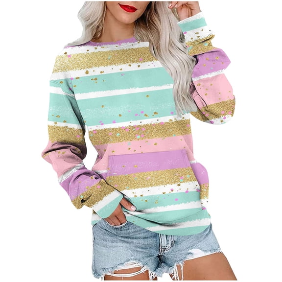 UPPADA Womens Crew Neck Sweatshirts No Hood Basic Long Sleeve Shirts Trendy Stripe Fall Fashion Blouses Loose Fit Color Block Tops Light Blue,M