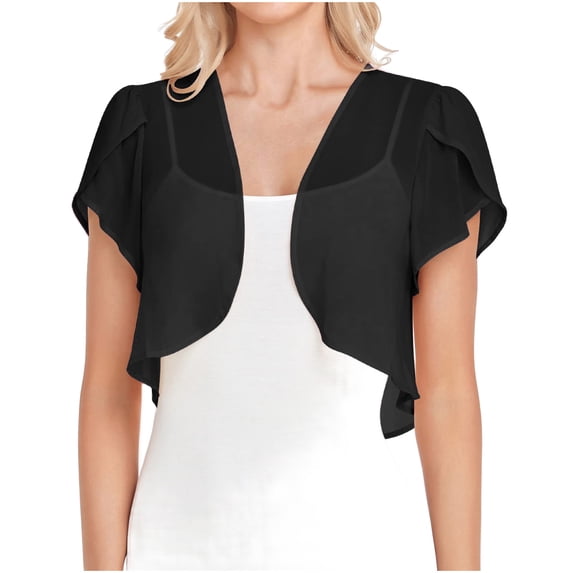 UPPADA Womens Crop Cardigans Trendy Lightweight Chiffon Open Front Cute Ruffle Sleeve Tunic Tees Basic Casual Shirts Black,L