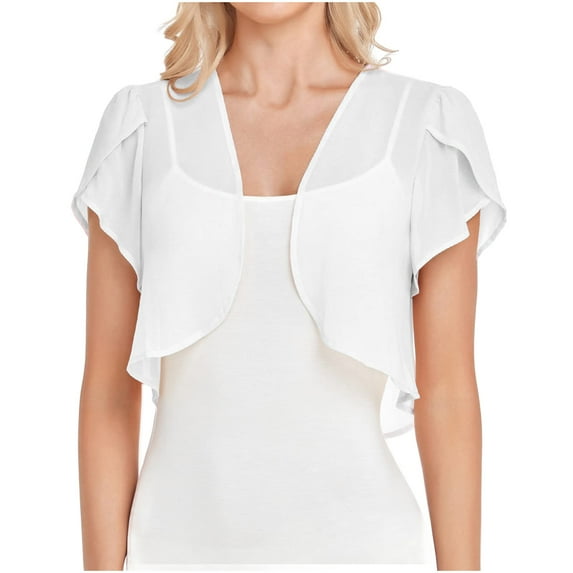 UPPADA Womens Crop Cardigans Trendy Lightweight Chiffon Open Front Cute Ruffle Sleeve Tunic Tees Basic Casual Shirts White,L