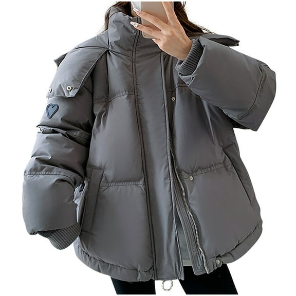 UPPADA Womens Cropped Puffer Jackets Long Sleeve Stand Collar Coats Quilted Zipper Outerwear with Pockets Winter Coats for Women Long Gray,S