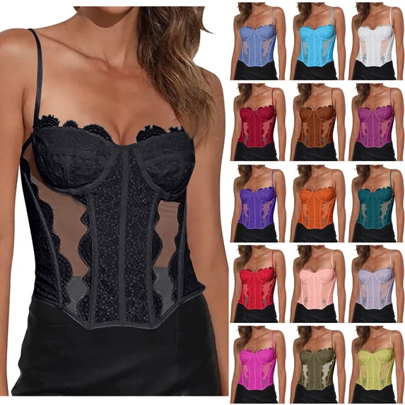 UPPADA Womens Cute Corset Tops Lace Mesh Date Night Crop Tops Sleeveless Adjustable Straps Camisole Bodysuit Going Out Party Tank Hot Pink,S