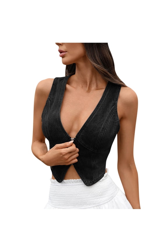 Womens Demin Open Front Tank Tops Zip Up Sleeveless Blouses Cute Deep V Neck Cropped Tank Tops Fashion Trendy Camisole Tops ,M Black Tank Tops