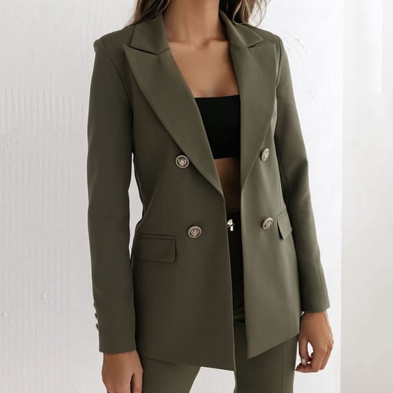 UPPADA Womens Double Breasted Slim Fit Blazer Long Sleeve Notched Lapel Open Front Business Casual Work Office Suit Jacket with Pockets Army Green,L