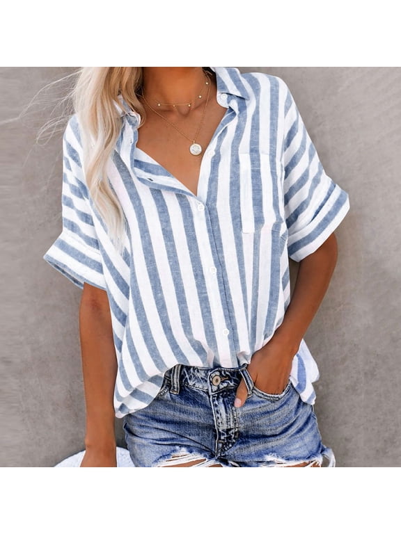 Womens Dressy Striped Cardigans Button Down V Neck Shirts Short Sleeve Business Blouses Open Front Office Suit Light Blue,XL