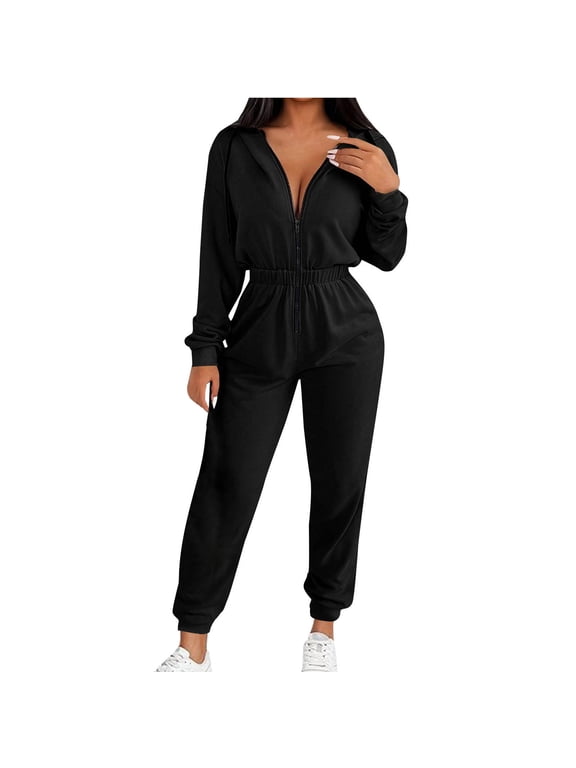 Womens Dressy Zipper Front Jumpsuit V Neck Hooded Overall One Piece Lounge Suit Drawstring Jumpsuit Casual Loose Fit Outwear with Pocekts Black,XL
