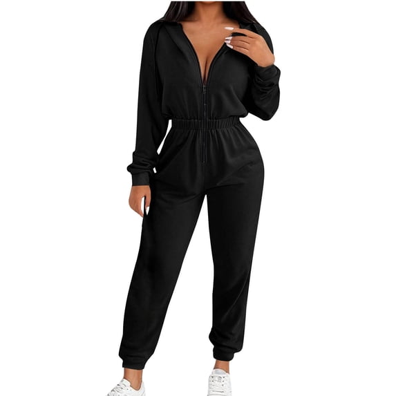UPPADA Womens Dressy Zipper Front Jumpsuit V Neck Hooded Overall One Piece Lounge Suit Drawstring Jumpsuit Casual Loose Fit Outwear with Pocekts Black,XXL