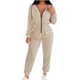thumbnail image 1 of UPPADA Womens Dressy Zipper Front Jumpsuit V Neck Hooded Overall One Piece Lounge Suit Drawstring Jumpsuit Casual Loose Fit Outwear with Pocekts Khaki,S, 1 of 8