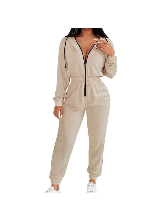 Womens Dressy Zipper Front Jumpsuit V Neck Hooded Overall One Piece Lounge Suit Drawstring Jumpsuit Casual Loose Fit Outwear with Pocekts Khaki,S