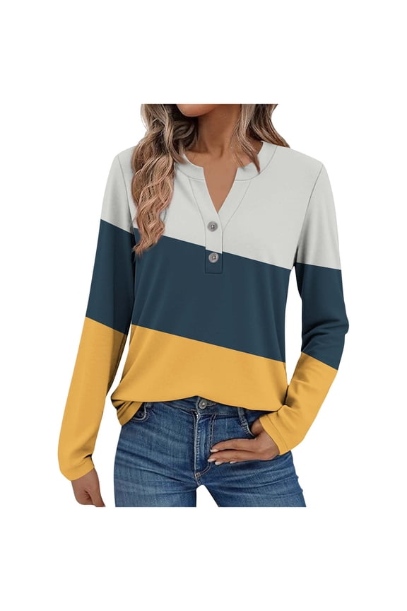Womens Fall Tops Long Sleeve Henley Button Down Shirts Casual Striped T Shirts Women's Dressy Blouses Tops Slim Tshirts Yellow,M