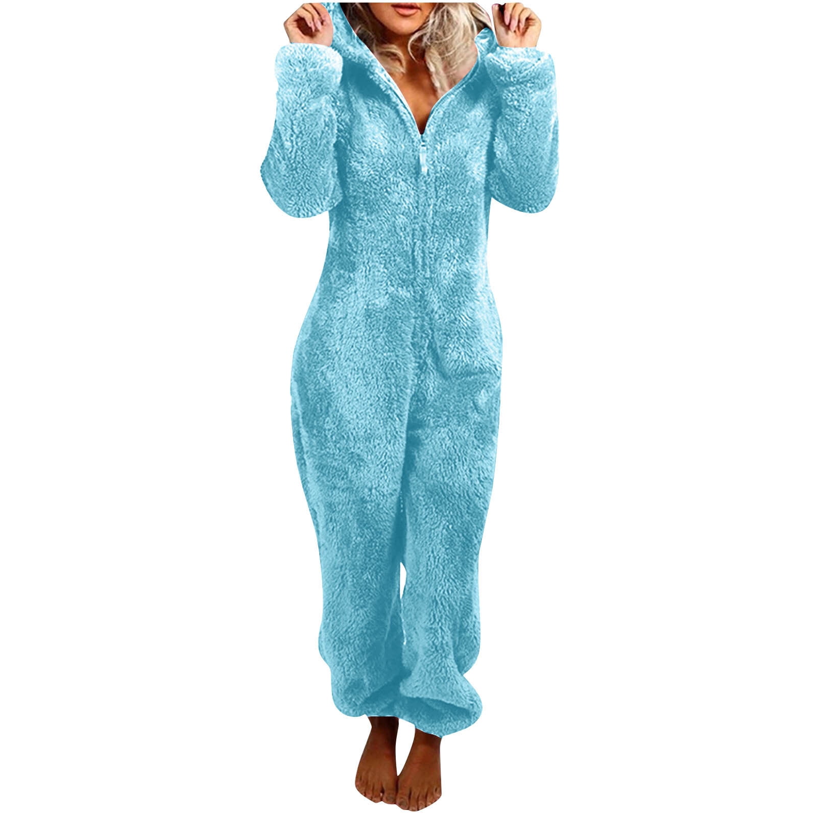 UPPADA Womens Fleece Onesies Pajamas Jumpsuit Sherpa Romper Sleepwear One Piece Zipper Hooded Playsuit Loungewear Light Blue,L