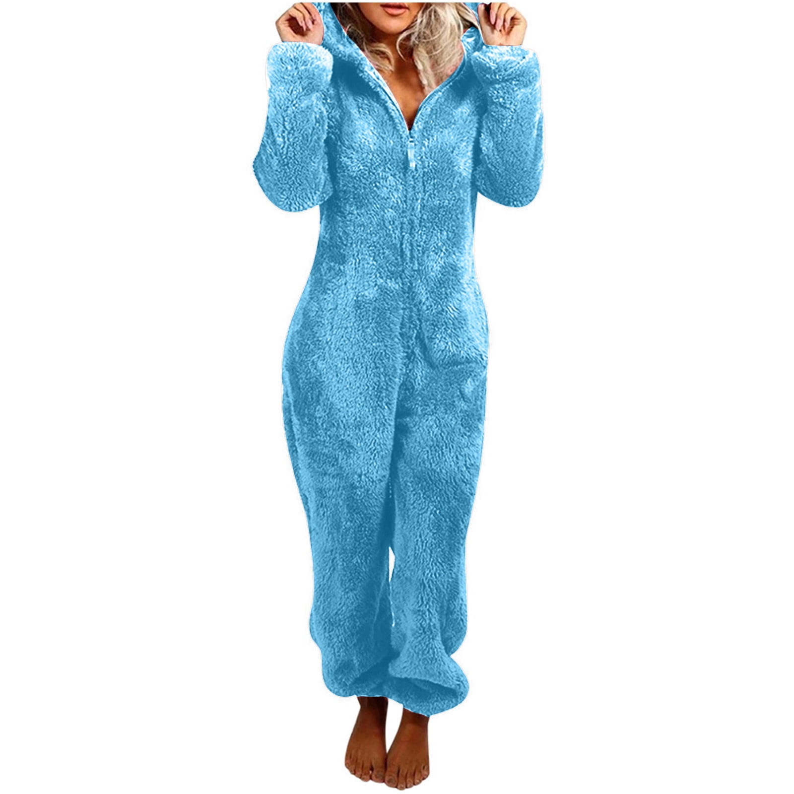 UPPADA Womens Fleece Onesies Pajamas Jumpsuit Sherpa Romper Sleepwear One Piece Zipper Hooded Playsuit Loungewear Sky Blue,XXXL