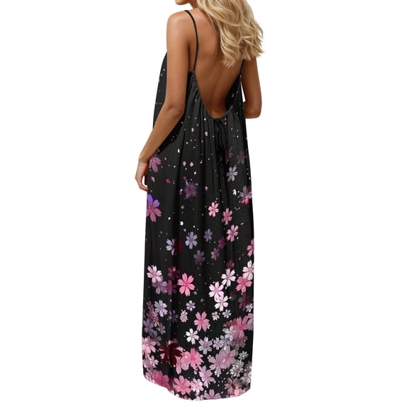 UPPADA Womens Floral Beach Maxi Dresses Sleeveless Summer Sundress Casual Boho Dress Vacation Spaghetti Strap Dresses Loose Fit Backless Dresses Black Dress,L