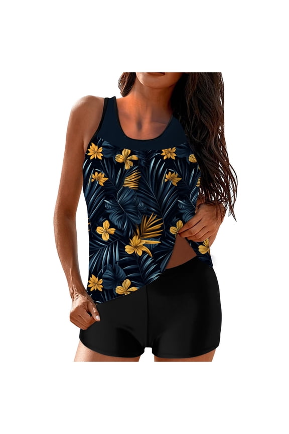 Womens Full Coverage Tankini Swimsuits Two Piece Bathing Suits with Shorts Modest Tummy Control Swimwear Floral Print 2 Piece Bathing Suits with Pockets Multicolor,S
