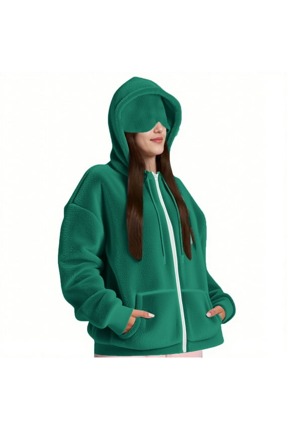 Womens Fuzzy Fleece Jacket Casual Hoodie with Eye Mask Built In Comfort Travel Hoodie Wearable Blanket Hooded Sweatshirt with Pockets Green,XL Women's Hooded Fleece Jackets