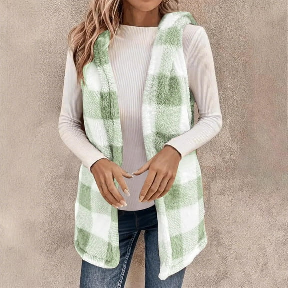 UPPADA Womens Fuzzy Fleece Plaid Vest Sleeveless Open Front Sherpa Jacket Long Flannel Shacket Lightweight Winter Outerwear Green,XL Womens Fleece Sherpa Jackets Fall Winter Full Zip Plaid Coat Pink
