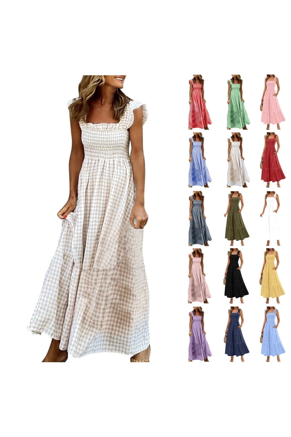Womens Gingham Print Smocked Waist Maxi Dress Ruffled Shoulder Strap Square Neck Flowy Long Dresses Flowy A Line Beach Vacation Sun Dresses Blue,M