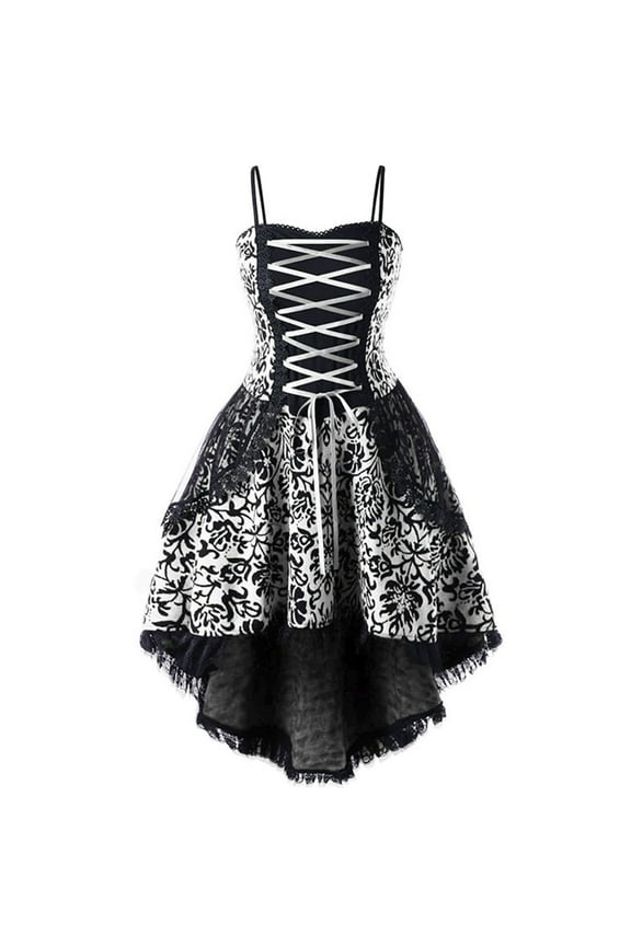 Womens Goth Corset Dress Steampunk Dresses Sleeveless Lace Trim Swing Clothes Spaghetti Strap Cocktail Dress Plus Size Masquerade Ball Gowns of the Day Today Only