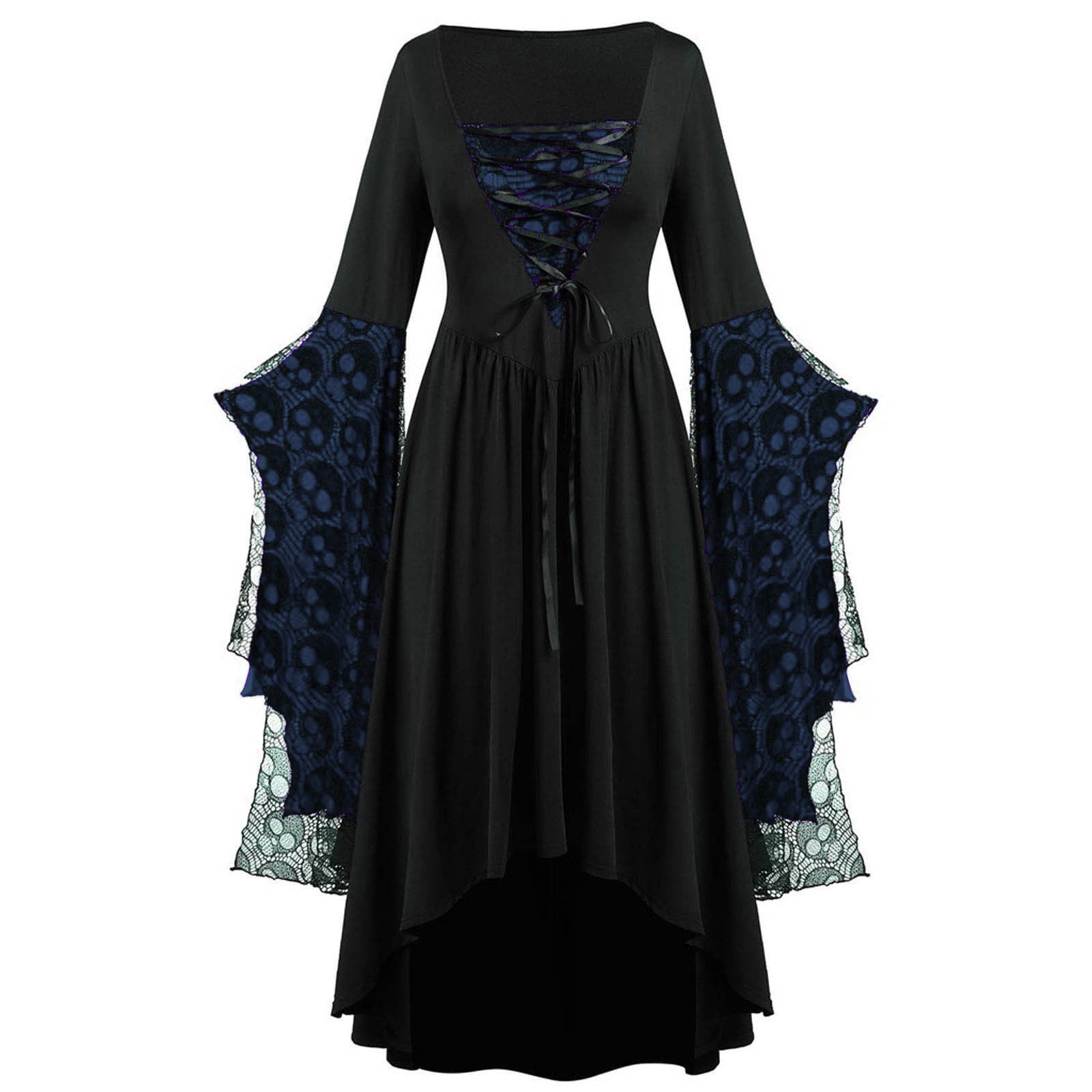 gothic flowy dress Axiiglly Gothic Dress for Women Cold Shoulder Plus Size Midi Dresses Corset  Flare Sleeves Mesh Patchwork Flowy Dress Ruffle Renaissance Goth Punk Party  Dress