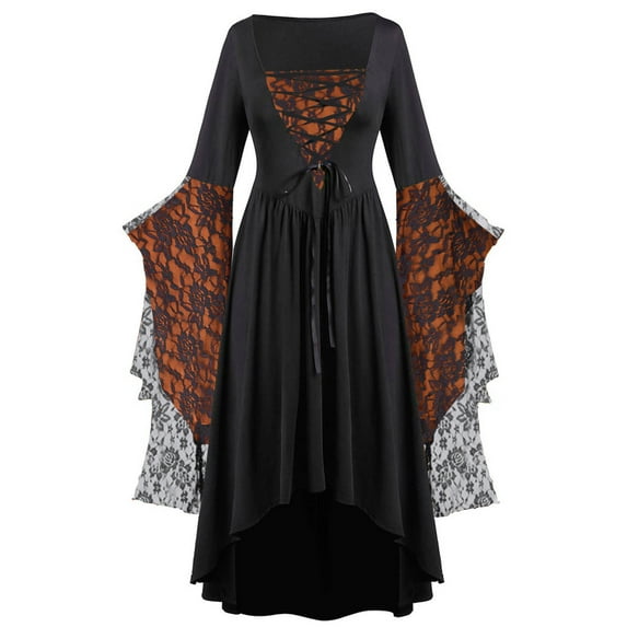 UPPADA Womens Gothic Dress Plus Size Flare Sleeve Dress Skull Lace Print Steampunk Dresses Cocktail Dresses Flowy Goth Corset Dress Maxi Wedding Guest Dresses and Day