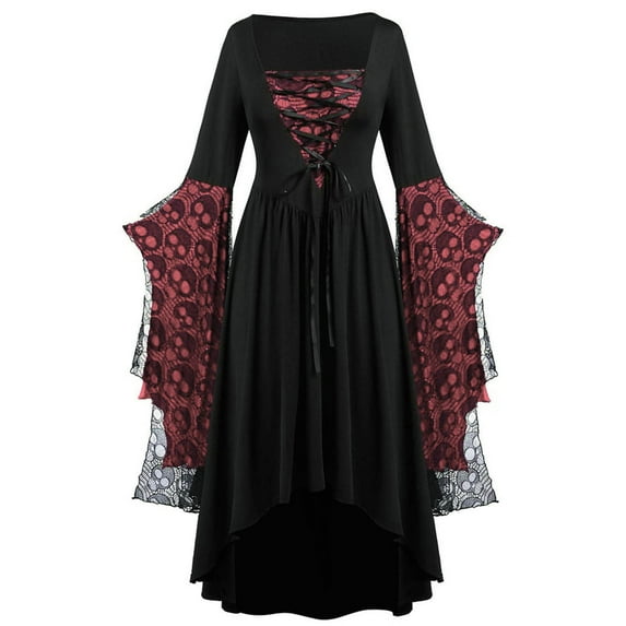 UPPADA Womens Gothic Dress Plus Size Flare Sleeve Dress Skull Lace Print Steampunk Dresses Cocktail Dresses Flowy Goth Corset Dress Maxi Wedding Guest Dresses