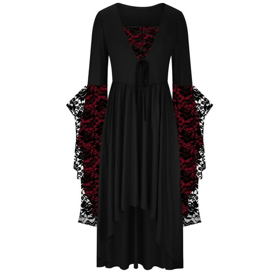 UPPADA Womens Gothic Dress Plus Size Flare Sleeve Dress Skull Lace Print Steampunk Dresses Cocktail Dresses Flowy Goth Corset Dress Maxi Wedding Guest Dresses