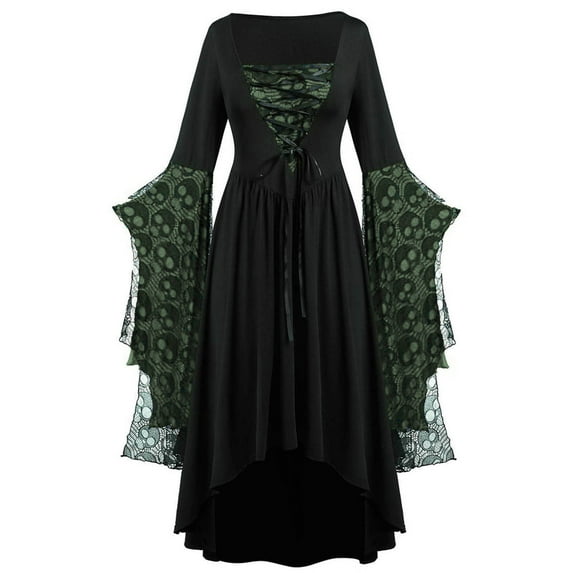 UPPADA Womens Gothic Dress Plus Size Flare Sleeve Dress Skull Lace Print Steampunk Dresses Cocktail Dresses Flowy Goth Corset Dress Maxi Wedding Guest Dresses