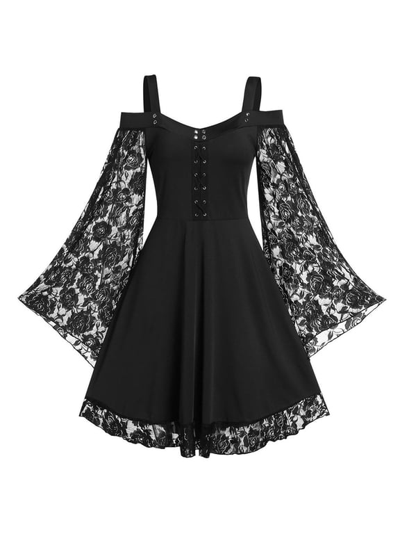 Womens Gothic Vintage Dress Punk Lace Patchwork Dress Goth Bat Sleeve Vampire Dress Bandage Ladies Spaghetti Strap Dresses Black,XXXL