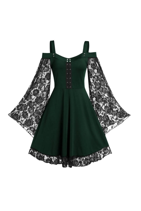 Womens Gothic Vintage Dress Punk Lace Patchwork Dress Goth Bat Sleeve Vampire Dress Bandage Ladies Spaghetti Strap Dresses Green,XXL