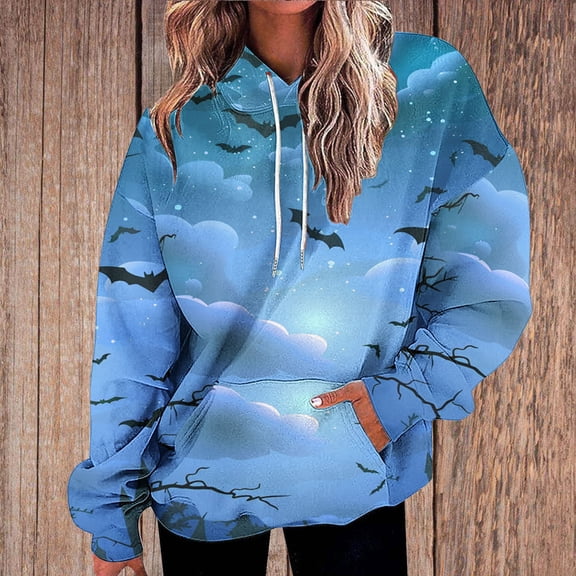 UPPADA Womens Graphic Hoodies Spring Fall Casual Long Sleeve Hooded Sweatshirts Trendy Loose Fit Pullover Tops Womens Pullover Hoodies Blue,L