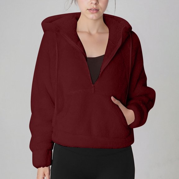 UPPADA Womens Half Zip Fleece Pullover Tops Fuzzy Oversized Hooded Sweatshirts Sherpa Long Sleeve Hoodies with Pockets Red,M Womens Fleece Jackets Zip Up Oversized Sweatshirts